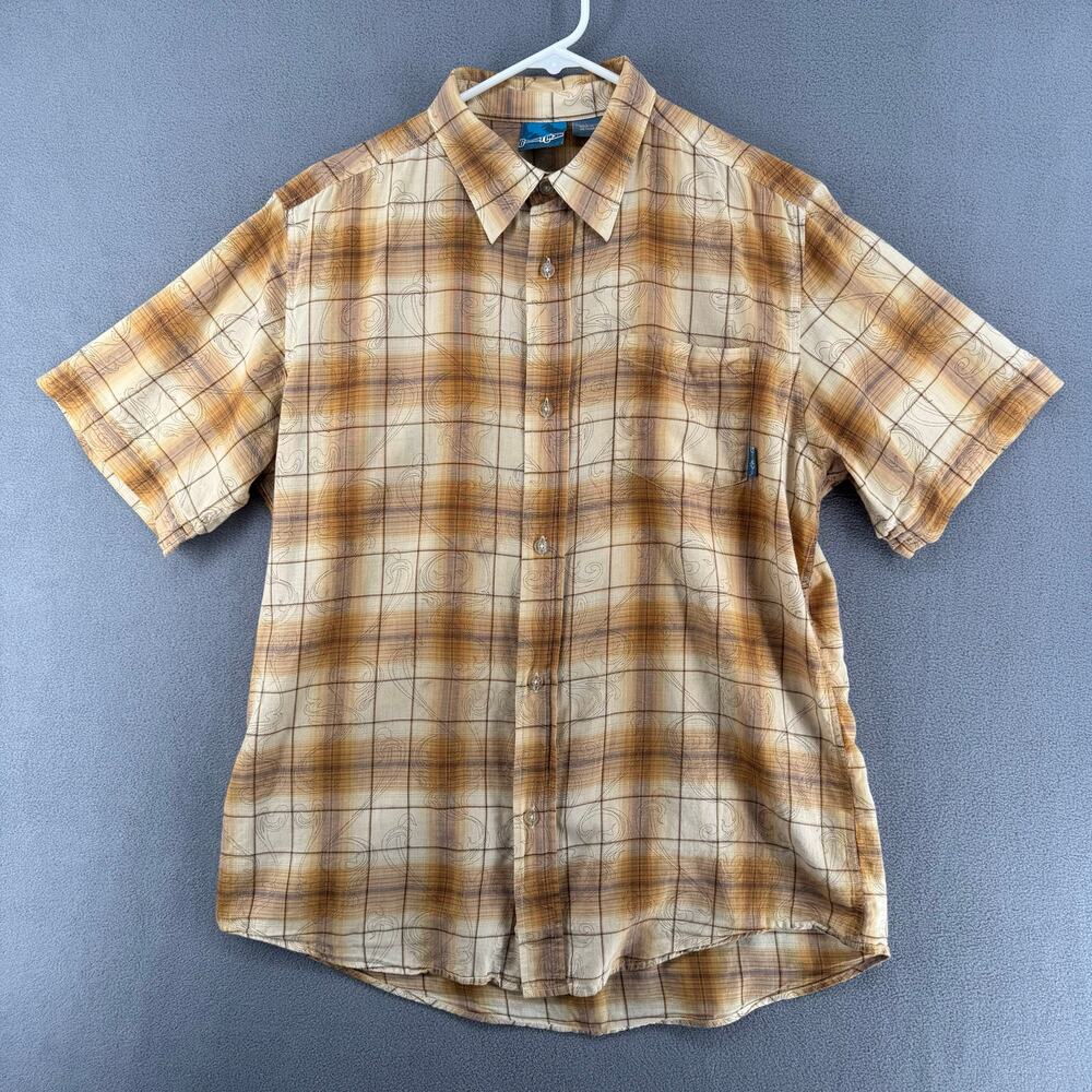 Vintage Y2K Gotcha Plaid Button Down Short Sleeve‎ Shirt Mens L Tan Brown Plaid